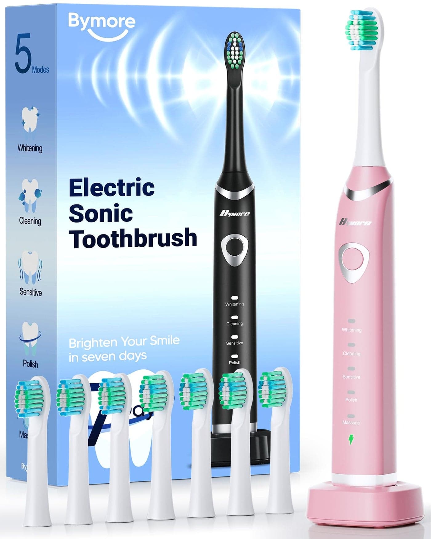 Bymore Electric Toothbrush for AdultsTravel SonicToothbrush with 8 Replacement Heads Ultra Clean RechargeableToothbrush Portable Electric ToothbrushPink