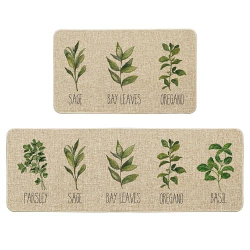 Artoid Mode Parsley Sage Oregano Basil Bay Leaves Decorative Kitchen Mats Set of 2, Seasonal Holiday Party Low-Profile Floor Mat for Home Kitchen - 17x29 and 17x47 Inch