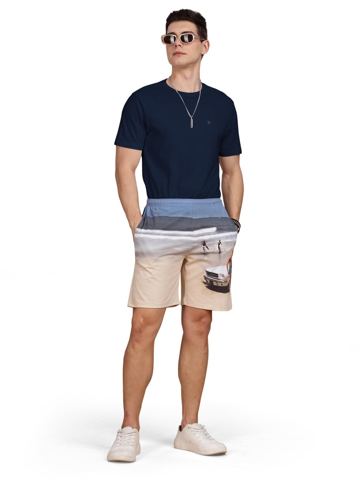 BULLMER Trendy Co-Ord Set for Men | T-Shirt and Shorts Set Navy Blue/Beige XXXX-Large