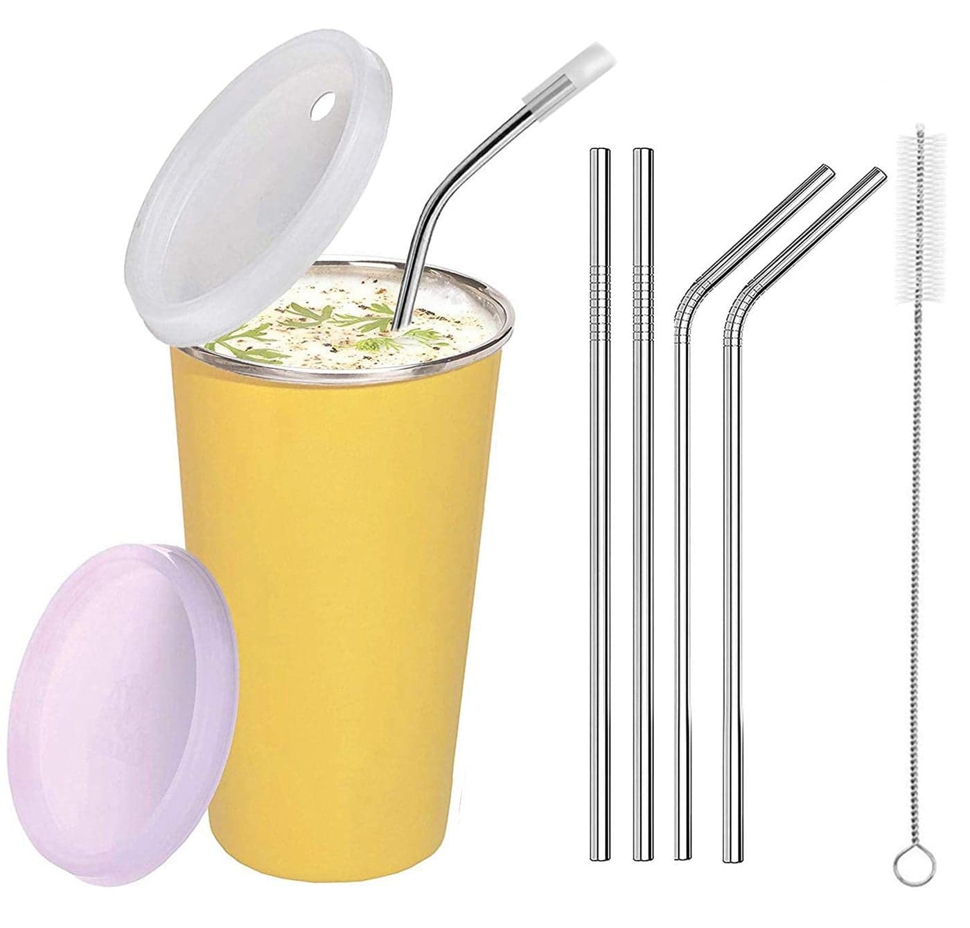 NOBILEA Stainless Steel Tumbler with Silicon Aperture Steel Lid Leak Proof with 2 Bend and 2 Straight Straws 1 Brush Glass Tumbler Steel lid Steel Glass with Lid Capacity 300MLYellow