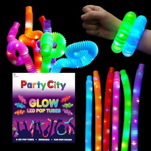 Party City 6pk LED Light Up Pop Tubes 25 3 Mode Stretchy Tubes LED Light Up Toys Bulk Glow Sticks Party Favors for Kids Necklaces Bracelets Neon Glow in the Dark Supplies Fidget Sensory Tube Pack