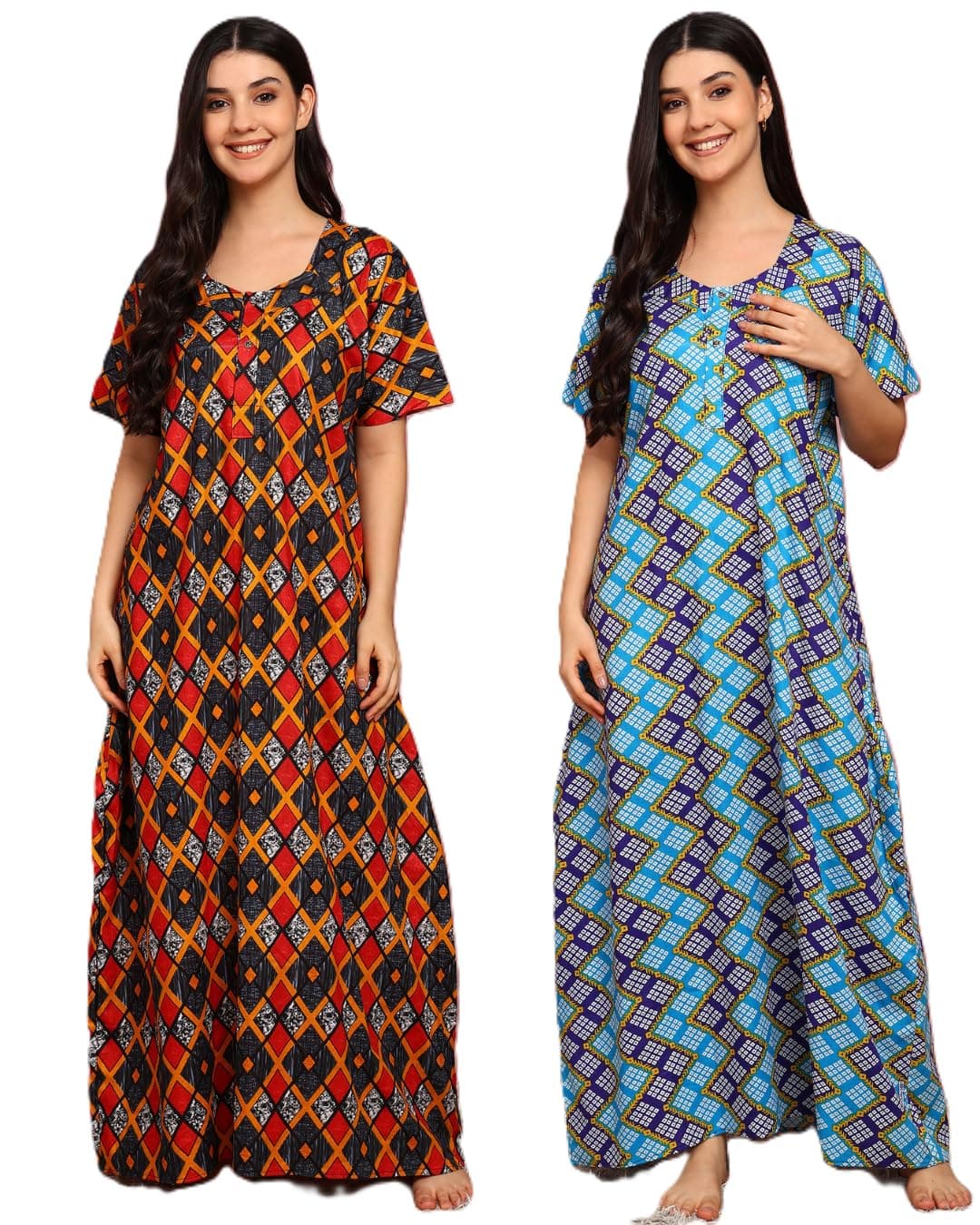 NILOUFO Women’s Cotton Printed Maxi Nighty – Pack of 2 Soft Ankle-Length Night Dresses | Free Size Sleepwear Gowns for Women (Red,Blue, Free Size)