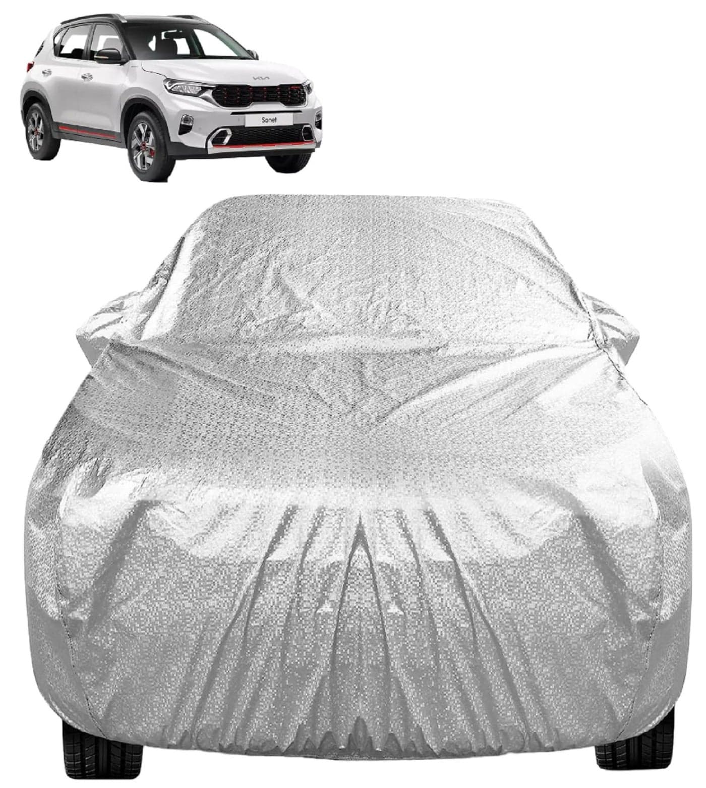 Auto Hub Waterproof Car Cover Compatible with Kia Sonet with Mirror Pocket, Soft Cotton Lining, Waterproof Sonet Car Cover- Metallic Silver