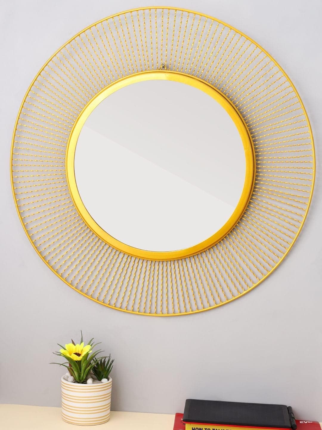 Artemade Iron Framed Decorative Wall Mounted Round Hanging Mirror Golden Wire Leaf Design Modern Makeup Mirror for Home Living Room Decor (60 Cm)