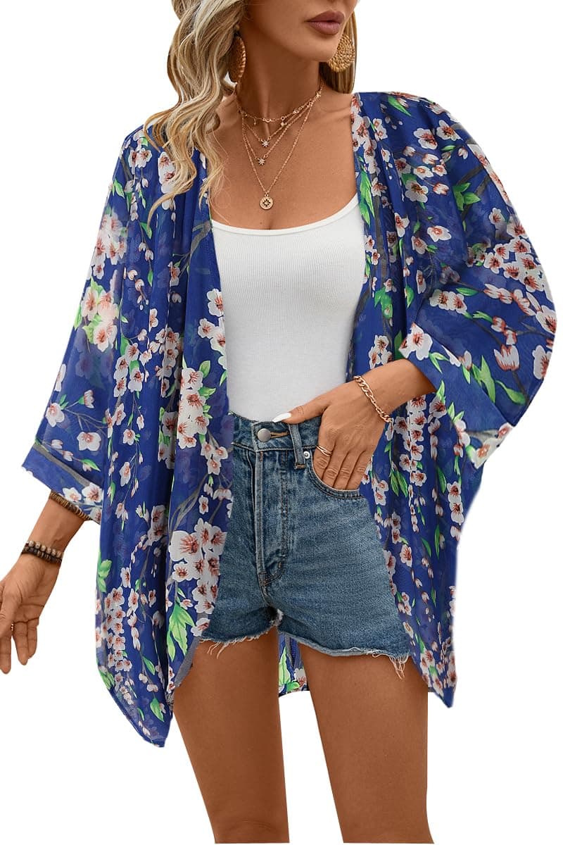 olrain Women's Floral Print Sheer Chiffon Loose Kimono Cardigan Blue (Large)