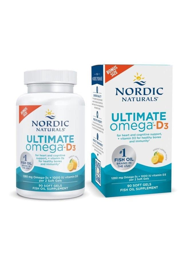 Ultimate Omega-D3, Lemon Flavor - 90 Soft Gels - 1280 mg Omega-3 + 1000 IU Vitamin D3 - EPA & DHA - Promotes Brain, Heart, & Immune Health - 45 Servings