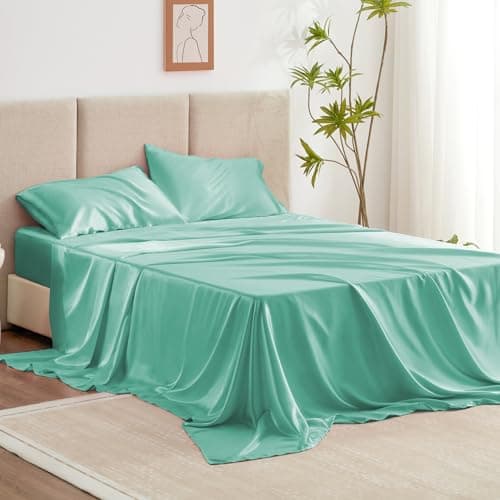 Love's cabin Full Satin Bed Linen Set, 4 Piece, Aqua, Silky Soft, Luxury Feeling, Wrinkle Resistant, Deep Pockets, Fitted & Flat Sheets, 2 Pillowcases