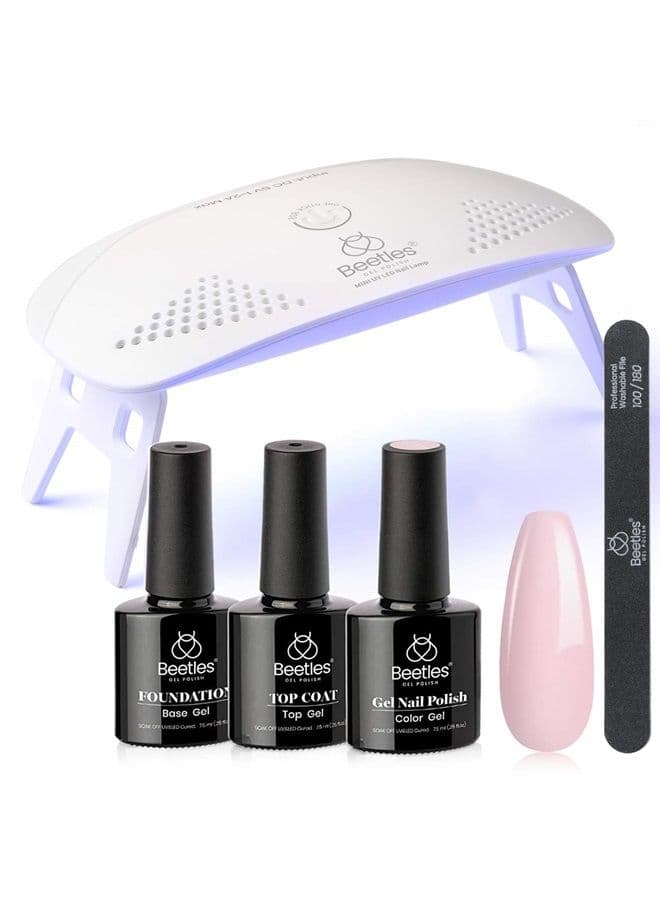 Beetles Nude Pink Gel Nail Polish Kit with UV LED Light Nail Lamp Starter Kit Base Gel Top Coat Soak Off Nude Pink Gel Polish Set with Nail File for DIY Home Manicure Neutral Nails Gift for Women