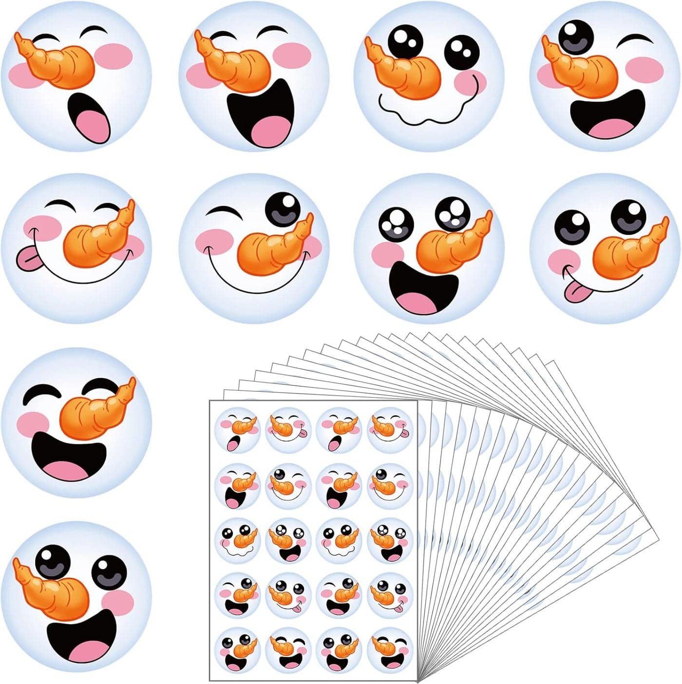 1000 Pieces Happy Snowman Stickers Christmas Roll Circle Face Winter Holiday Label Cute Seals Cards Fun Presents for Kids Xmas Party Decoration Supplies