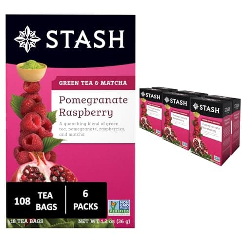 Stash Tea Pomegranate Raspberry & Matcha Green Tea - Caffeinated, Non-GMO Project Verified Premium Tea with No Artificial Ingredients, 18 Count (Pack of 6) - 108 Bags Total