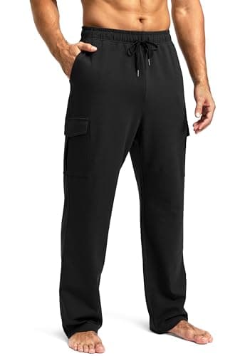 Pudolla Men's Cotton Sweatpants with Cargo Pockets Open Bottom Yoga Pants for Men Lounge Pants for Athletic Workout Casual(Black Large)