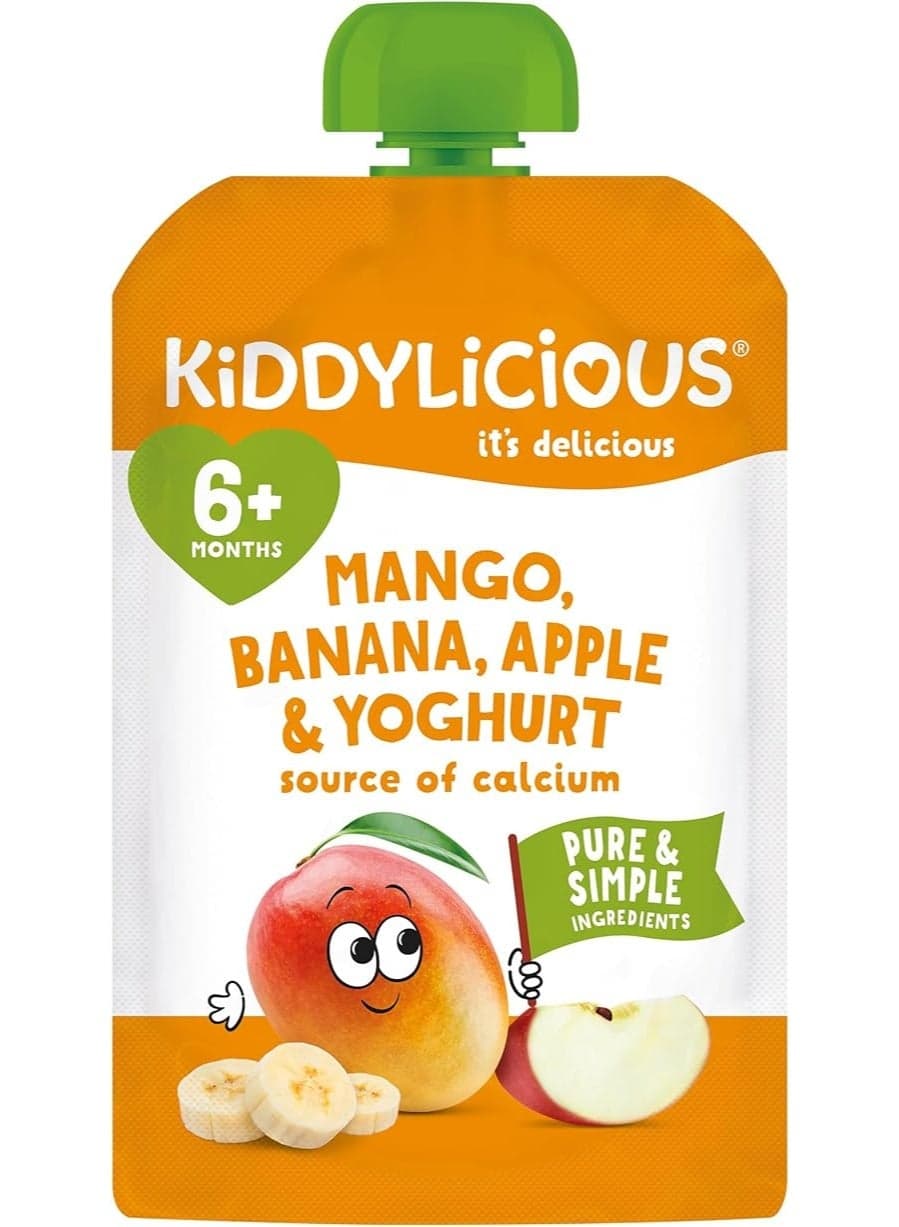 Kiddylicious Mango, Banana, Apple & Yoghurt Pouch 100g | Baby Food 6+ Months | Added Calcium | Vegetarian | Free From Egg, Nut, Peanut, Sesame & Soya | No Added Colours, Flavours or Preservatives