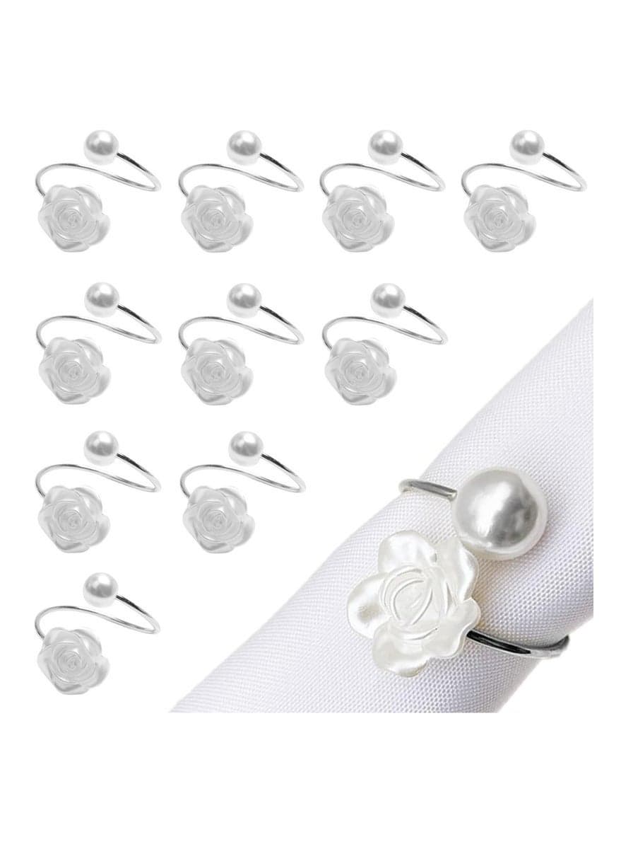 10 Pcs Napkin Rings,White Rose Pearl Dining Table Napkin Ring Holder,Vintage Paper Towel Rings for Valentine's Day Wedding Banquet Home Table Decorations