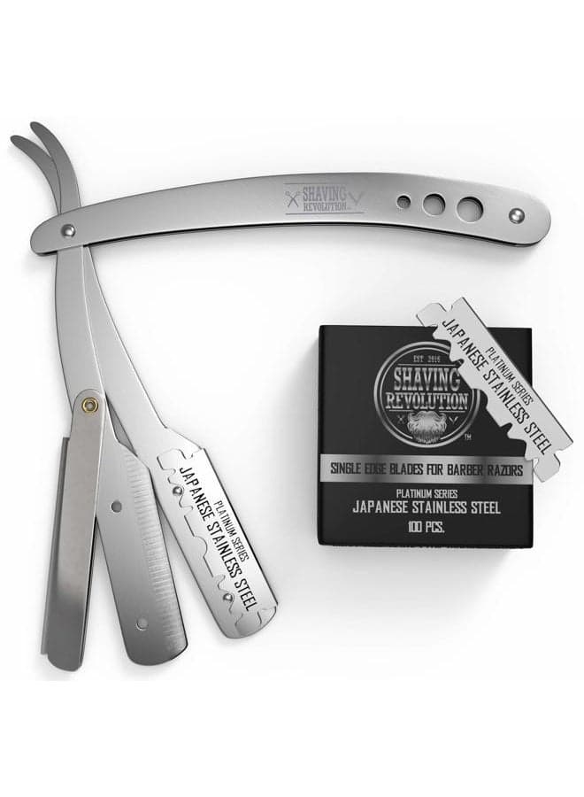 Straight Edge Barber Razor for Close Shaving - Professional Straight Blade Razor for Men with 100 Single Edge Blades- Mens Straight Razor Kit