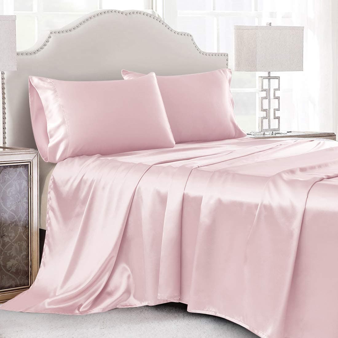 Cobedzy 4 Pcs Blush Pink Satin Sheets Queen Size Silky Satin Bedding Sheets Set with 1 Deep Pocket Fitted Sheet 1 Flat Sheet 2 Pillowcase