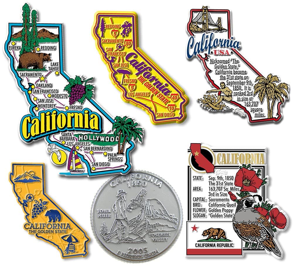 California Six-Piece State Magnet Set by Classic Magnets, Includes 6 Unique Designs, Collectible 3D Rubber Vintage-Style Souvenirs and Gifts Made in The USA