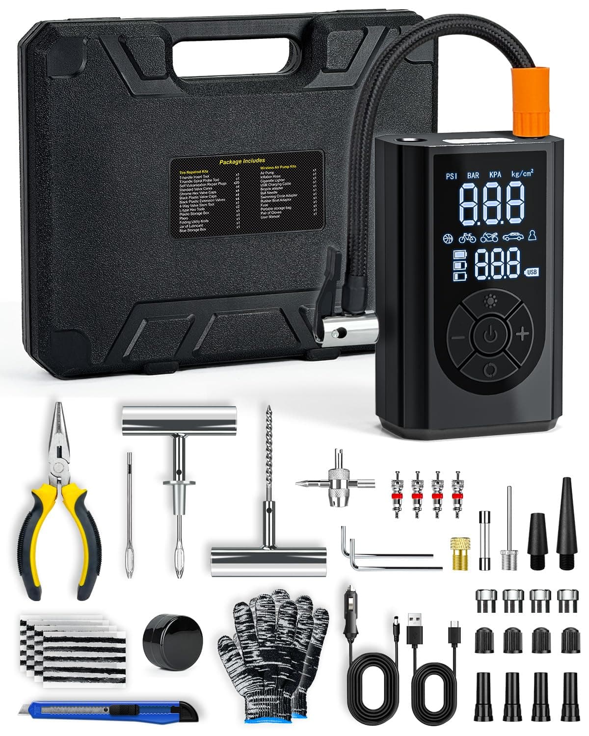 FRIWOLE Tire Repair Kit with Portable Air Compressor, Tire Plug Kit 58PCS with Cordless Tire Inflator (150 PSI) for Car, Motorcycle, Tractor, Truck, Ball