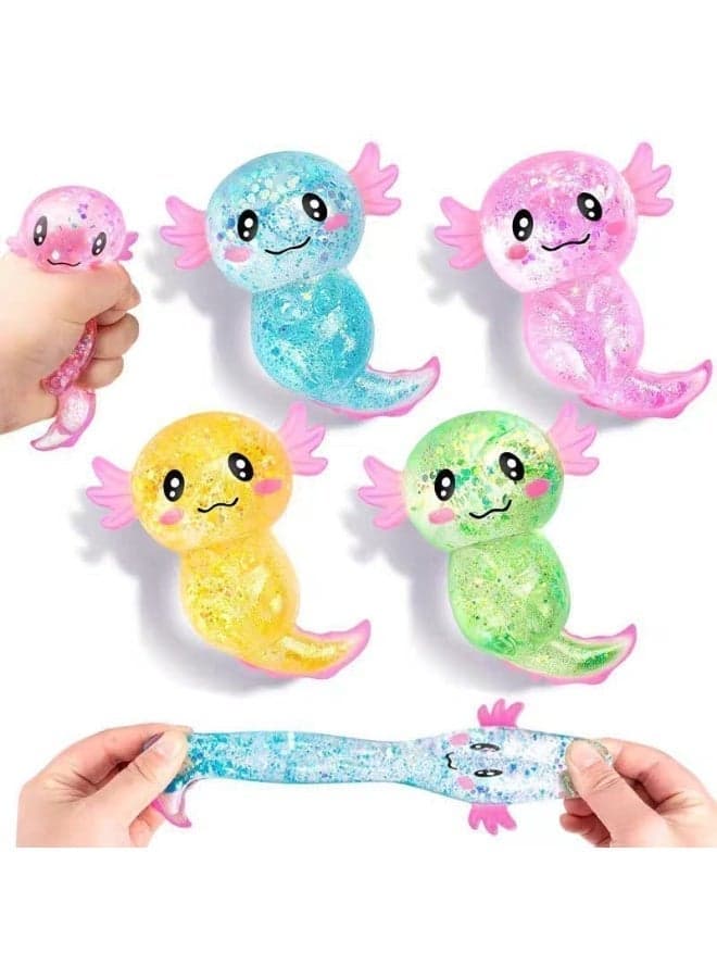 4 Packs Glitter Axolotl Squishy Toys, Slow Rebound Stress Relief Squeeze Balls for Kids & Adults, Cute Sensory Fidget Toys for Anxiety Relief, Axolotl Themed Party Favors, Classroom Prizes & Birthday Presents (4 Transparent Glitter Colors)