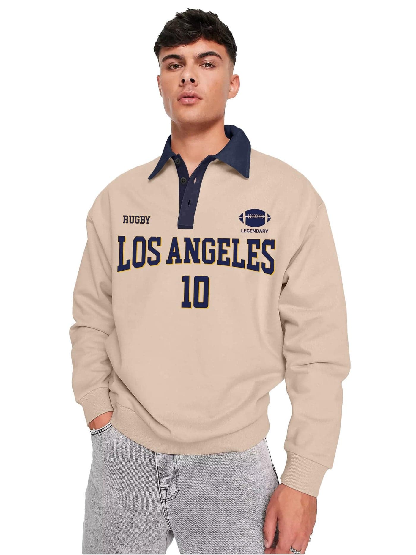 Jump Cuts Men's Beige Oversized Cotton Blend Printed Long Sleeve T-Shirt, Size S