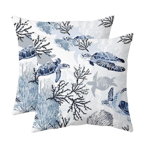 weesire Nautical Coastal Throw Pillow Covers Set of 2 Beach Themed Ocean Coral Sea Turtle Decorative Pillow Cases Outdoor Sofa Cushion Cover for Bedroom Living Room 16x16 Blue