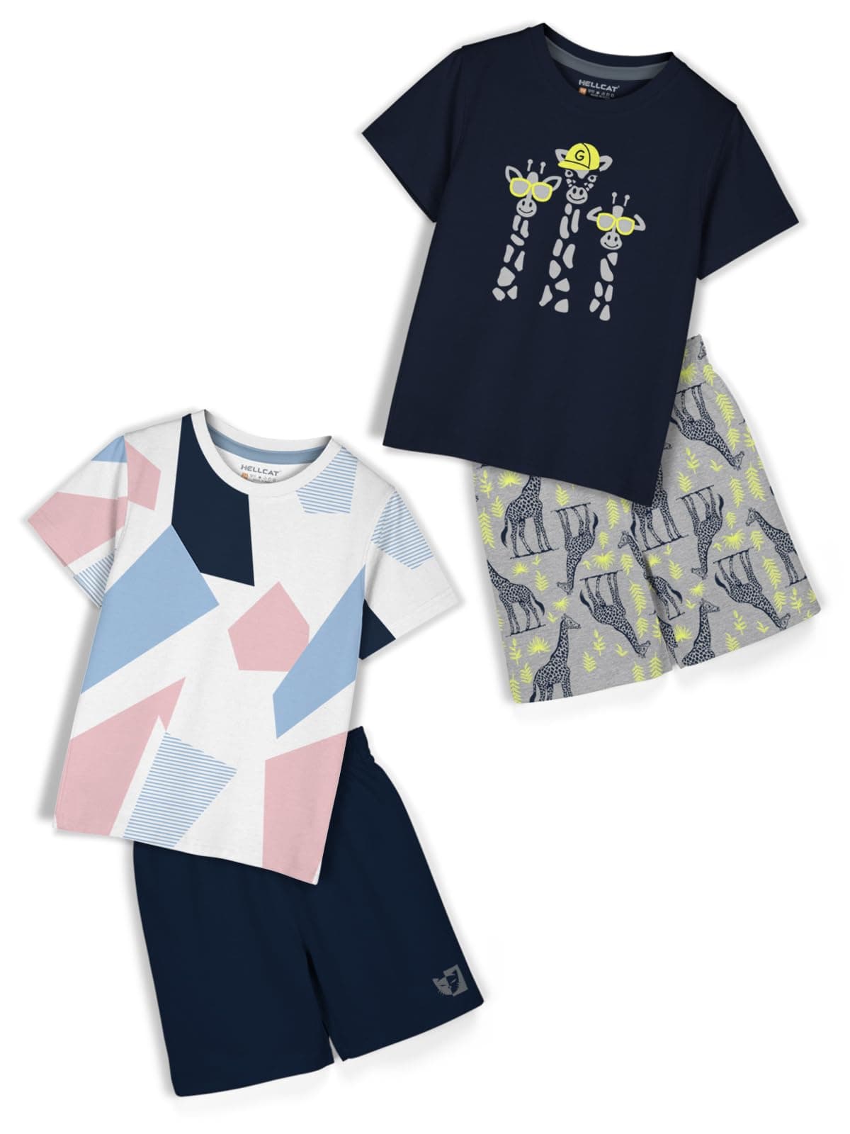 HELLCAT Boys Dress Clothing Set Combo with Tshirts & Shorts - Pack 2 White/Navy 1-2 Years