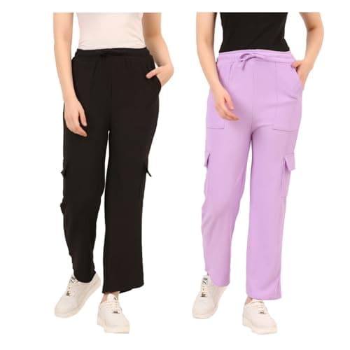 IndiCrafts Trendy Straight-Fit Cargo Palazzo Pants for Kids Girls |High-Waist Casual Wear with Pockets | Comfortable & Versatile Bottoms for Everyday Fashion (Black, Purple_13-14 Y)| Pack of 2