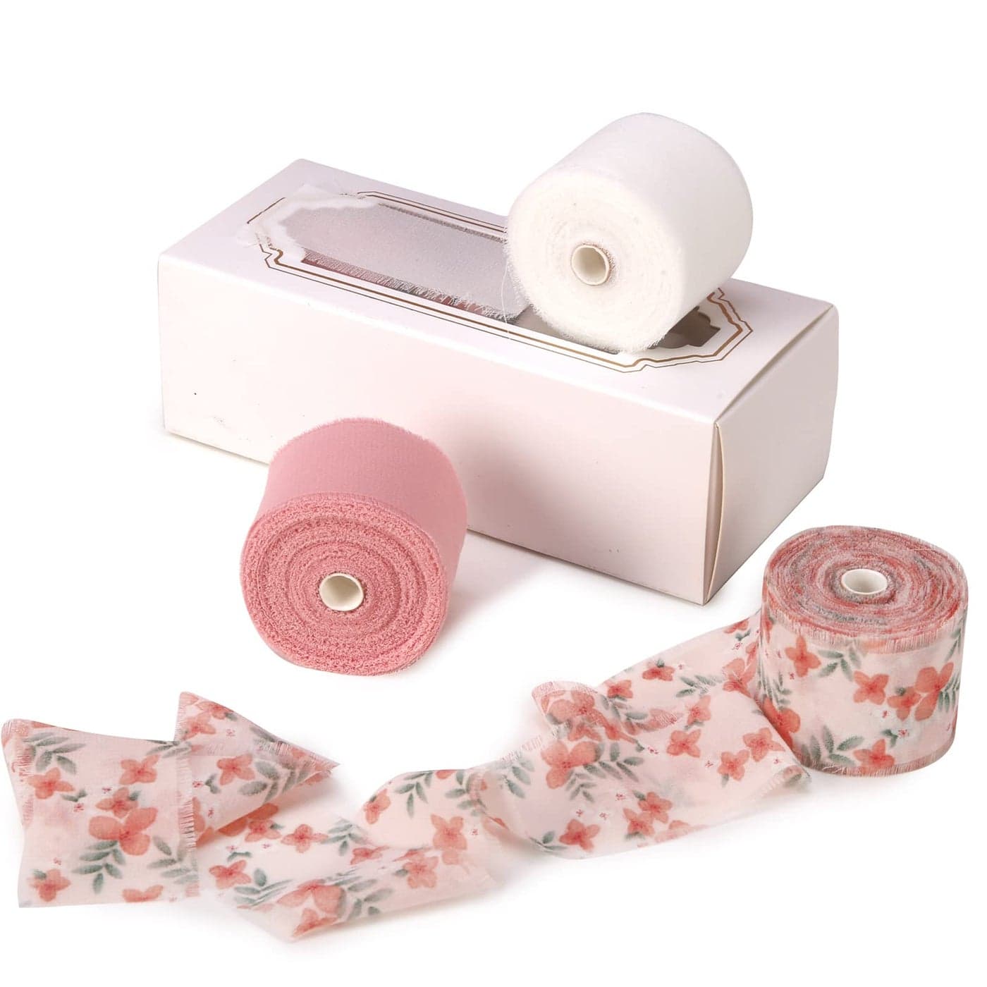 Dseason Handmade Fringe Floral Silk Chiffon Ribbons 15 x 7 Yards 3 Rolls 21 Yards Pink Floral Ribbons Set for Wedding Invitations Bridal Bouquets Gifts Wrapping DIY Crafts Decoration