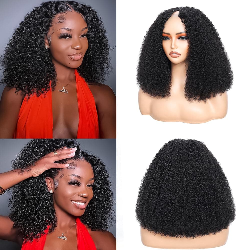 RAGMZZE V Part Wig Human Hair Kinky Curly Natural Black 18 Inch Curly Human Hair Wig Upgrade U Part Human Hair Wigs for Black Women Glueless Wig Wear and Go 180 Density