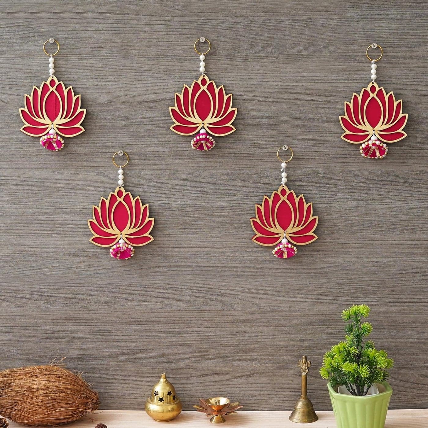 Webelkart Premium Lotus wall hanging |Lotus Back Drop Hanging | ganpati decoration Wall Hanging Home And Office Decor (Wood Set Of 5) 6" Inches