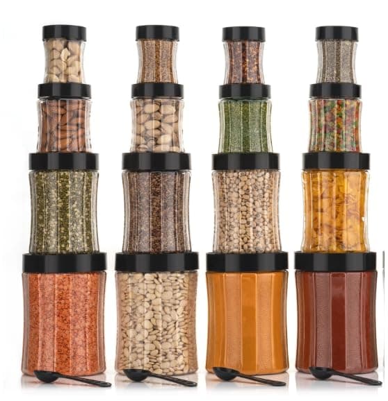 Entisia Transparent Kitchen Storage Container - Curved Shape Plastic Food Storage Dabba Jars with Lid, Spoon, 1200ml, 650ml, 350ml & 250ml Containers for Pulses, Snacks, Spices (Black, 16pc)