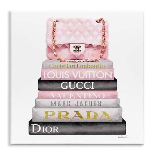 Stupell Industries Watercolor High Fashion Bookstack Padded Pink Bag Wall Plaque Art, 12 x 12, Pink, for Bedroom