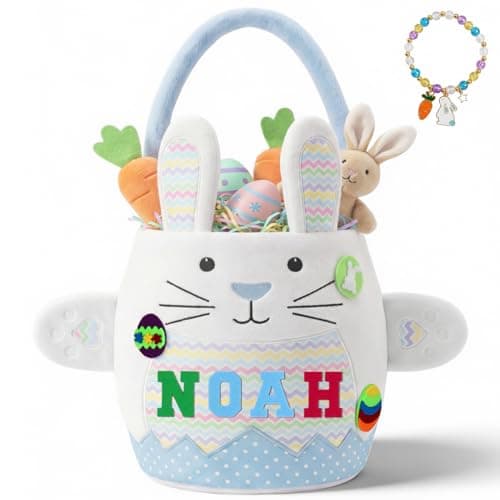 OXYEFEI Easter Baskets for Kids Blue Cute Easter Bunny Baskets with Felt Letter Stickers Bracelet for Boys Girls Blue