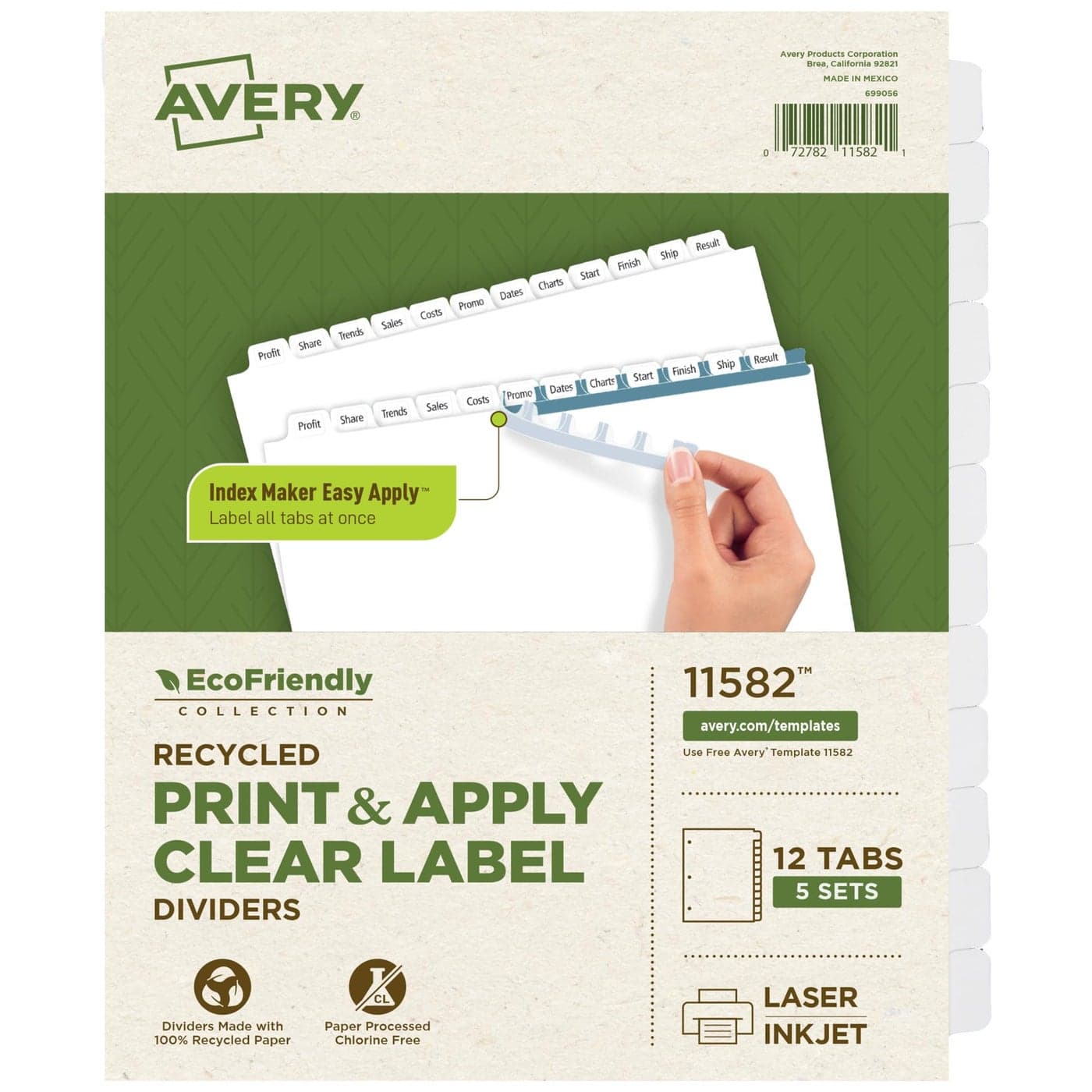 Avery EcoFriendly Recycled Dividers for 3 Ring Binders 12Tab White Tabs Index Maker Print and Apply Clear Label Strip 5 Sets for 60 Binder Dividers Total 11582