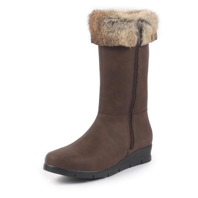 FAUSTO FST KI-175 BROWN-37 Women Brown High Ankle Side Zipper Winter Classic Fur Boots|Memory Cushion Inslole|Platform Wedge Heel Mid Calf Work Boot (4 UK)