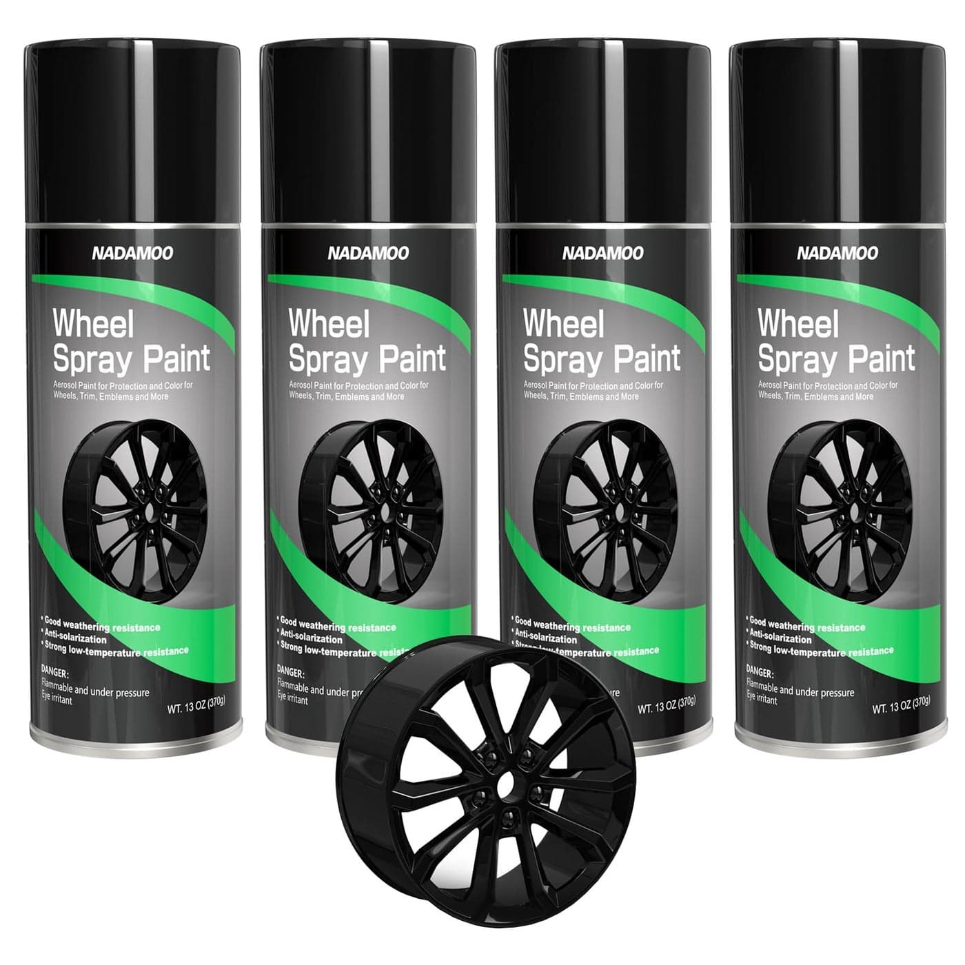 NADAMOO Aluminum Wheel Spray Paint Semigloss Aerosol Car Rim Paint for Recolor and Protection of Metal Surface Gloss Black 4 Cans 13 Oz Per Can