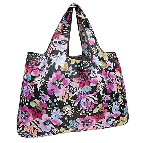 allydrew Large Foldable Tote Nylon Reusable Grocery Bag, Violet Flowers