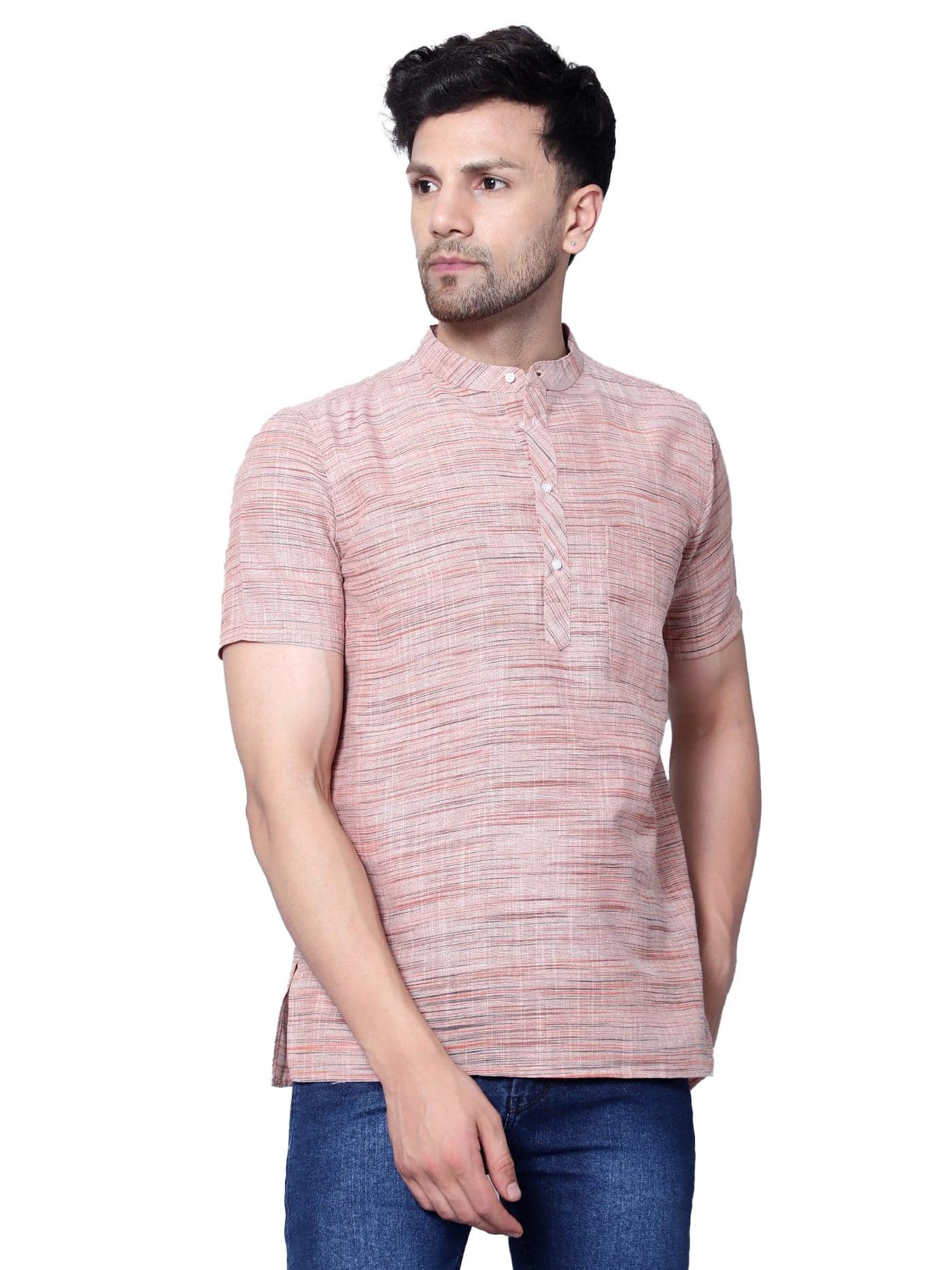 LATEST CHIKAN Men's Cotton Blend Regular Textured Short Kurta -SK-NK-LO-44 Light Orange