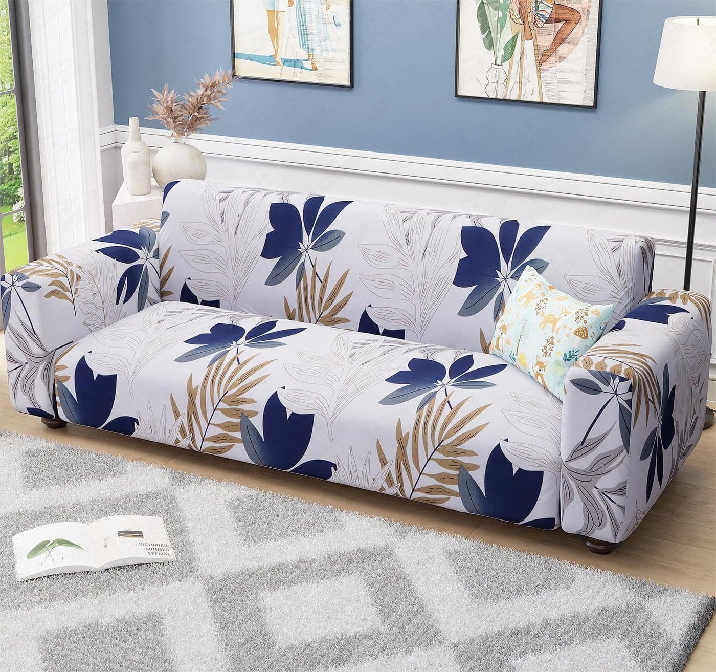 Lukzer 3 Seater White Leaf Print Universal Sofa Cover | 360° Fully Covered Anti-Slip Washable Couch Cover Protector | 140 GSM Stretch Fit Polyester + Spandex Slipcover (180-230cm/SC-017-03)