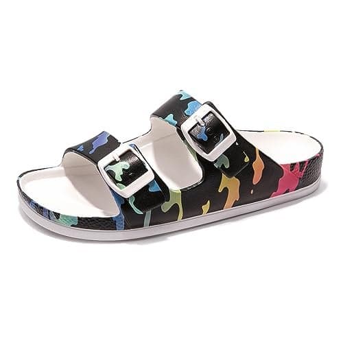 FUNKYMONKEY Women's Plastic Sandals New Upgrade Quality EVA Waterproof Double Buckle Adjustable Slides Shoes (9 M US,Camouflage on black/XPZ)