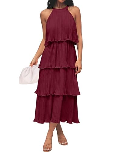 ZESICA Women's 2025 Summer Sleeveless Halter Neck Ruffle Tiered Layed Chiffon Flowy Swing Long Midi Dress,Wine,Medium