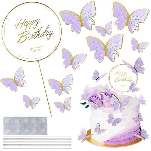Party Propz Butterfly Cake Toppers for Cake Decoration - 11 Pcs Butterfly Decoration Items | Purple Happy Birthday Cake Topper, Cake Decoration Items (Cardstock)