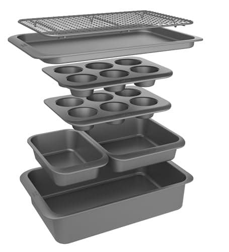 Chicago Metallic 7Piece Nesting Bakeware Set Carbon Steel Nonstick Baking Sheet Loaf Pan Muffin Pan Cake Pan Roaster and Cooling Rack SpaceSaving Kitchen Essentials