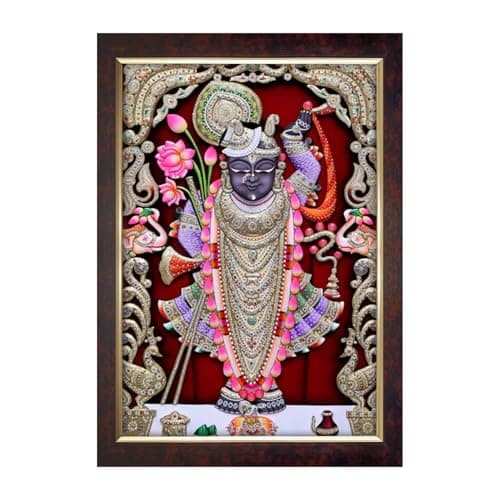 Dharvika Innovations Shrinathji Photo with Frame Big Size, Shreenathji Photo Frame Big Size with Sparkle Lamination - 2408 (14x20 Inch, Brown) (Without Glass)