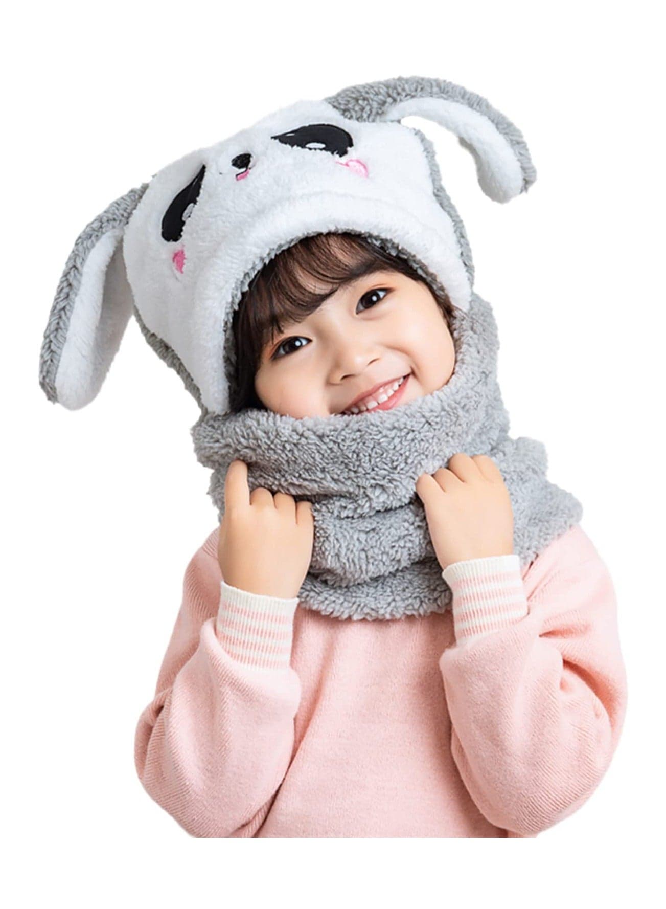 Kids Winter Hat, 2 in 1 Kids Winter Warm Scarf Hat Plush Rabbit Cap Kids Balaclava Soft Breathable for Boys and Girls Outdoor Leisure and Warm(4-7 years)