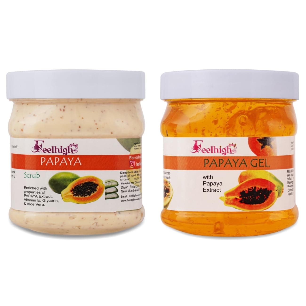 Feelhigh Papaya Scrub 500ml Papaya Gel 500ml Combo Exfoliating Hydrating and Revitalizing Skincare Natural Face Body Care for All Skin Types Men Women
