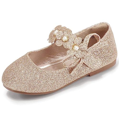 PANDANINJIA Toddler Girls Dress Shoes Flower Girl Flats Pearls Bow Mary Jane Wedding Party Gold Shoes Flora Size 9(Gold Glitter,9 M US Toddler)
