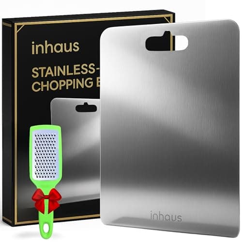 Inhaus Stainless Steel Chopping Board 35 cm x 25 cm | Large Metal Cutting Board for Kitchen | Easy-Clean, Odor-Free Prep Surface for Vegetables & More | Durable, Stylish + Free Grater