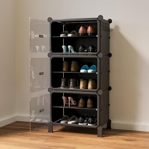 BOXJOY 6 Shelf Black Shoe Rack for Home with 3 Transparent Doors, Hard PET Plastic with Metal Door Frame, Shoe Chappal Slipper Sandals Stand