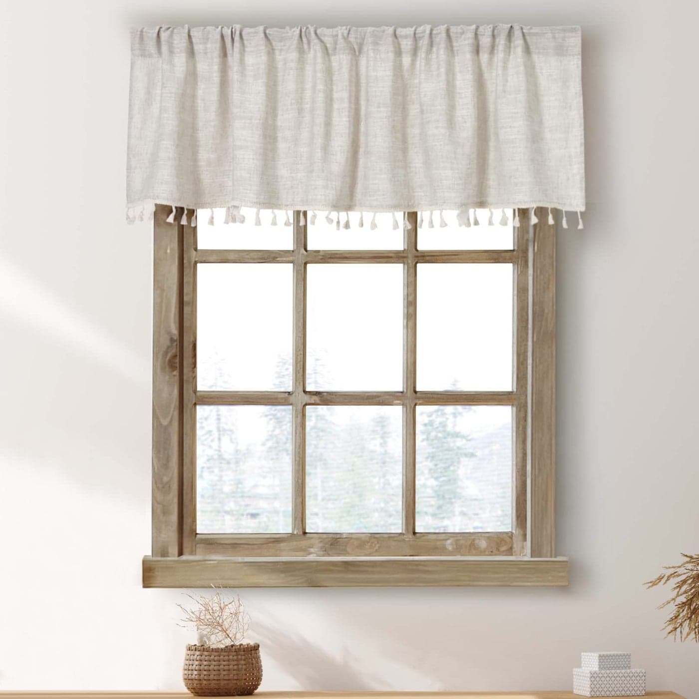 Boho Tassel Kitchen Valances for Windows Modern Farmhouse Cotton Linen Valance Curtains Topper Country Rustic Bathroom Small Window Treatment Bohemian Decor 55x15 inch Natural