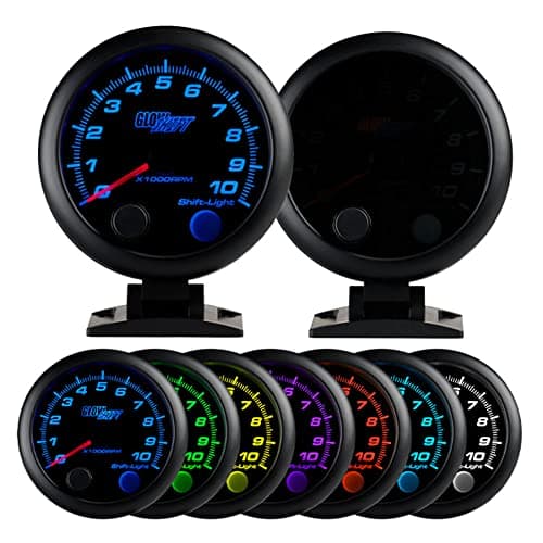 GlowShift Tinted 7 Color 10,000 RPM On-Dash Tachometer Gauge - for 1-10 Cylinder Gas Powered Engines - Includes Shift Light & Wiring - Multi-Color Display - Black Dial - Smoked Lens - 3-3/4" 95mm